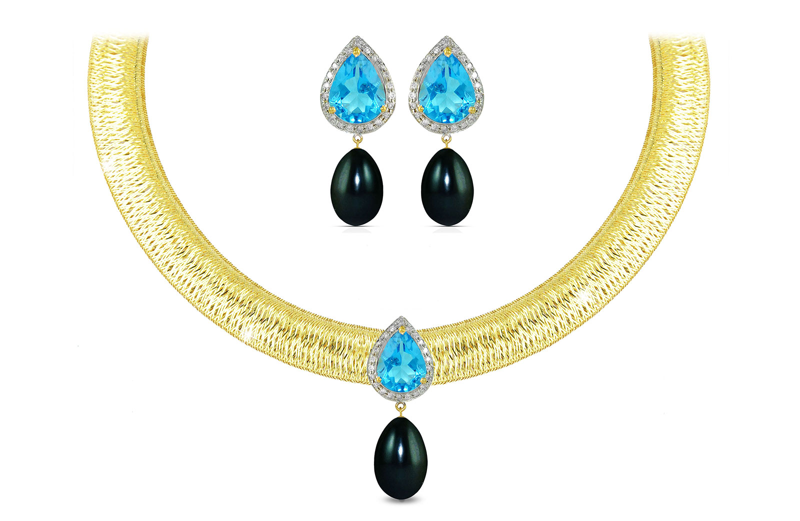 Vera Perla 18K Gold 0.36ct Diamonds, Topaz and 13mm Black Pearl Jewelry Set - 2 pcs.